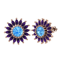 Taşlı Papatya Küpe - Akuamarin ve ametist 925 ayar rose altın kaplama gümüş küpe #1czfjtm