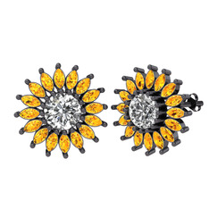 Taşlı Papatya Küpe - Swarovski ve sitrin 925 ayar siyah rodyum kaplama gümüş küpe #1d5qxcp