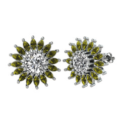Taşlı Papatya Küpe - Swarovski ve peridot 18 ayar beyaz altın küpe #1d79rew