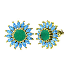 Taşlı Papatya Küpe - Kök zümrüt ve akuamarin 8 ayar altın küpe #1diiktm