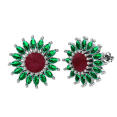 Taşlı Papatya Küpe - Kök yakut ve yeşil kuvars 8 ayar beyaz altın küpe #1djuvd5