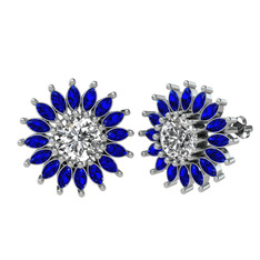 Taşlı Papatya Küpe - Swarovski ve lab safir 14 ayar beyaz altın küpe #1euvk6g