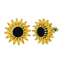 Taşlı Papatya Küpe - Siyah zirkon ve sitrin 8 ayar altın küpe #1ev7r