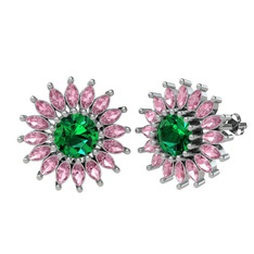 Yeşil kuvars ve pembe kuvars 8 ayar beyaz altın küpe