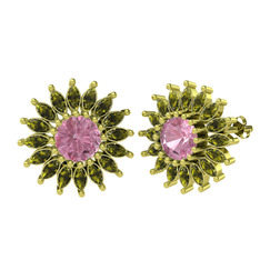 Taşlı Papatya Küpe - Pembe kuvars ve peridot 18 ayar altın küpe #1fe83sb