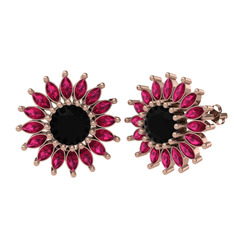 Taşlı Papatya Küpe - Siyah zirkon ve rodolit garnet 18 ayar rose altın küpe #1fi6wce