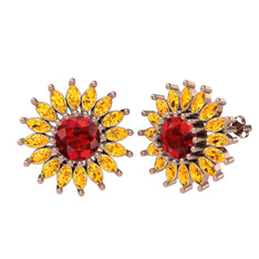 Taşlı Papatya Küpe - Garnet ve sitrin 8 ayar rose altın küpe #1g42b76