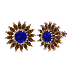 Taşlı Papatya Küpe - Lab safir ve dumanlı kuvars 14 ayar rose altın küpe #1g8n10g