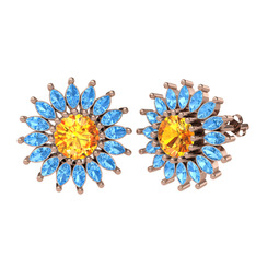 Taşlı Papatya Küpe - Sitrin ve akuamarin 18 ayar rose altın küpe #1g9m7p1