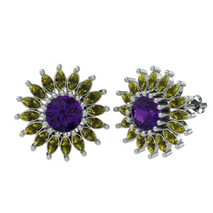 Taşlı Papatya Küpe - Ametist ve peridot 8 ayar beyaz altın küpe #1hna1y1