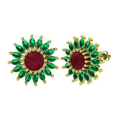 Taşlı Papatya Küpe - Kök yakut ve yeşil kuvars 18 ayar altın küpe #1i3o43q