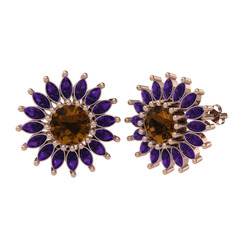 Dumanlı kuvars ve ametist 18 ayar rose altın küpe