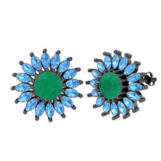 Taşlı Papatya Küpe - Kök zümrüt ve akuamarin 925 ayar siyah rodyum kaplama gümüş küpe #1isc6f0