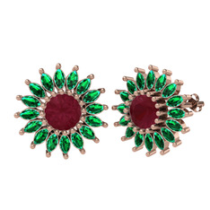 Kök yakut ve yeşil kuvars 8 ayar rose altın küpe