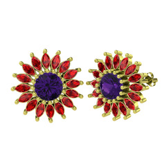 Taşlı Papatya Küpe - Ametist ve garnet 8 ayar altın küpe #1iuv0eg