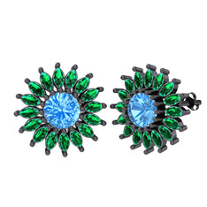 Taşlı Papatya Küpe - Akuamarin ve yeşil kuvars 925 ayar siyah rodyum kaplama gümüş küpe #1ksmah3