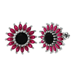 Taşlı Papatya Küpe - Siyah zirkon ve rodolit garnet 18 ayar beyaz altın küpe #1lc84a0