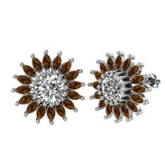 Taşlı Papatya Küpe - Swarovski ve dumanlı kuvars 14 ayar beyaz altın küpe #1lsb8qm