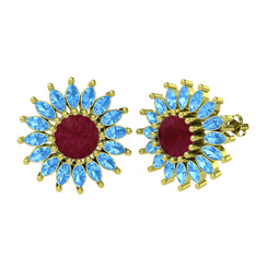 Taşlı Papatya Küpe - Kök yakut ve akuamarin 8 ayar altın küpe #1m46dou