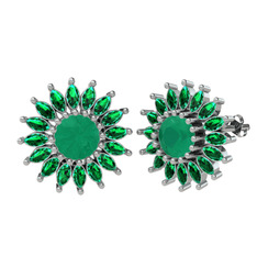 Taşlı Papatya Küpe - Kök zümrüt ve yeşil kuvars 8 ayar beyaz altın küpe #1m5bka5