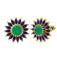 Taşlı Papatya Küpe - Kök zümrüt ve ametist 14 ayar altın küpe #1mkoxfx