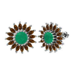 Taşlı Papatya Küpe - Kök zümrüt ve dumanlı kuvars 14 ayar beyaz altın küpe #1mpmf2l