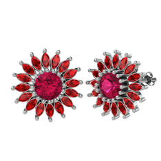 Taşlı Papatya Küpe - Rodolit garnet ve garnet 18 ayar beyaz altın küpe #1mwncq3
