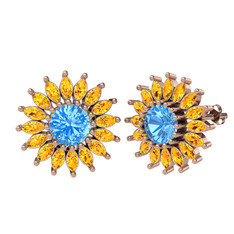 Taşlı Papatya Küpe - Akuamarin ve sitrin 8 ayar rose altın küpe #1o5xrti