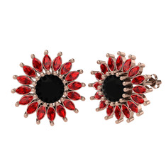 Taşlı Papatya Küpe - Siyah zirkon ve garnet 8 ayar rose altın küpe #1oud5w1