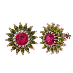 Taşlı Papatya Küpe - Rodolit garnet ve peridot 925 ayar rose altın kaplama gümüş küpe #1pqbb0o