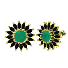 Taşlı Papatya Küpe - Kök zümrüt ve siyah zirkon 925 ayar altın kaplama gümüş küpe #1pxjyfi