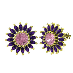 Taşlı Papatya Küpe - Pembe kuvars ve ametist 18 ayar altın küpe #1q34gn8