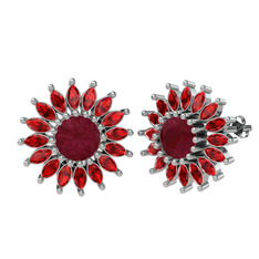 Taşlı Papatya Küpe - Kök yakut ve garnet 18 ayar beyaz altın küpe #1r96i25