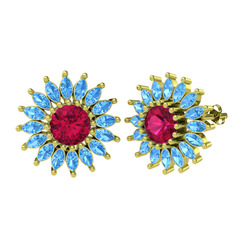 Taşlı Papatya Küpe - Rodolit garnet ve akuamarin 8 ayar altın küpe #1s0wzd4