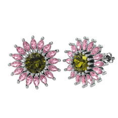 Taşlı Papatya Küpe - Peridot ve pembe kuvars 8 ayar beyaz altın küpe #1sblmfm