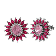 Taşlı Papatya Küpe - Pembe kuvars ve rodolit garnet 14 ayar beyaz altın küpe #1stqprq