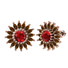 Taşlı Papatya Küpe - Garnet ve dumanlı kuvars 18 ayar rose altın küpe #1ta75yn