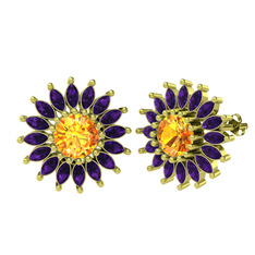 Taşlı Papatya Küpe - Sitrin ve ametist 18 ayar altın küpe #1te00c1