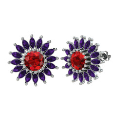 Garnet ve ametist 18 ayar beyaz altın küpe