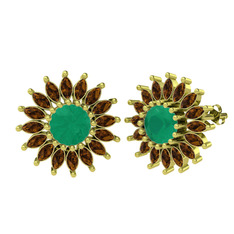 Taşlı Papatya Küpe - Kök zümrüt ve dumanlı kuvars 925 ayar altın kaplama gümüş küpe #1tob72d