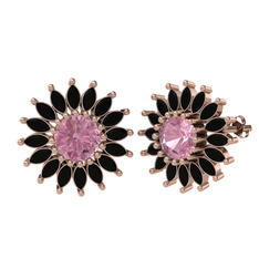 Taşlı Papatya Küpe - Pembe kuvars ve siyah zirkon 14 ayar rose altın küpe #1tp3i33