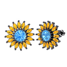 Taşlı Papatya Küpe - Akuamarin ve sitrin 925 ayar siyah rodyum kaplama gümüş küpe #1u49hth