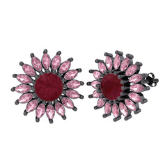 Taşlı Papatya Küpe - Kök yakut ve pembe kuvars 925 ayar siyah rodyum kaplama gümüş küpe #1vf3e85