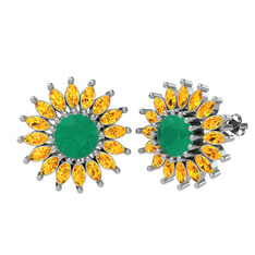 Taşlı Papatya Küpe - Kök zümrüt ve sitrin 8 ayar beyaz altın küpe #1vjg527