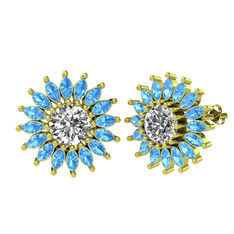 Taşlı Papatya Küpe - Swarovski ve akuamarin 18 ayar altın küpe #1wmpsmt