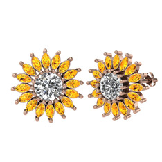 Taşlı Papatya Küpe - Swarovski ve sitrin 14 ayar rose altın küpe #1wrrxrp
