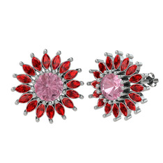 Pembe kuvars ve garnet 8 ayar beyaz altın küpe