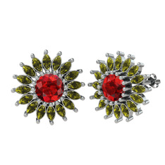 Taşlı Papatya Küpe - Garnet ve peridot 14 ayar beyaz altın küpe #1yan7v3