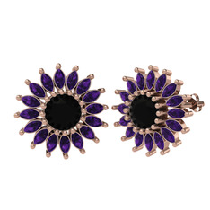 Taşlı Papatya Küpe - Siyah zirkon ve ametist 14 ayar rose altın küpe #1yxs3k3