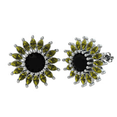 Taşlı Papatya Küpe - Siyah zirkon ve peridot 14 ayar beyaz altın küpe #202dhr